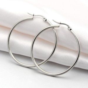 Polished Tube Hoop 2mm Thin Pierced Post Stud Earrings Silver Tone 1 1/2" 41mm